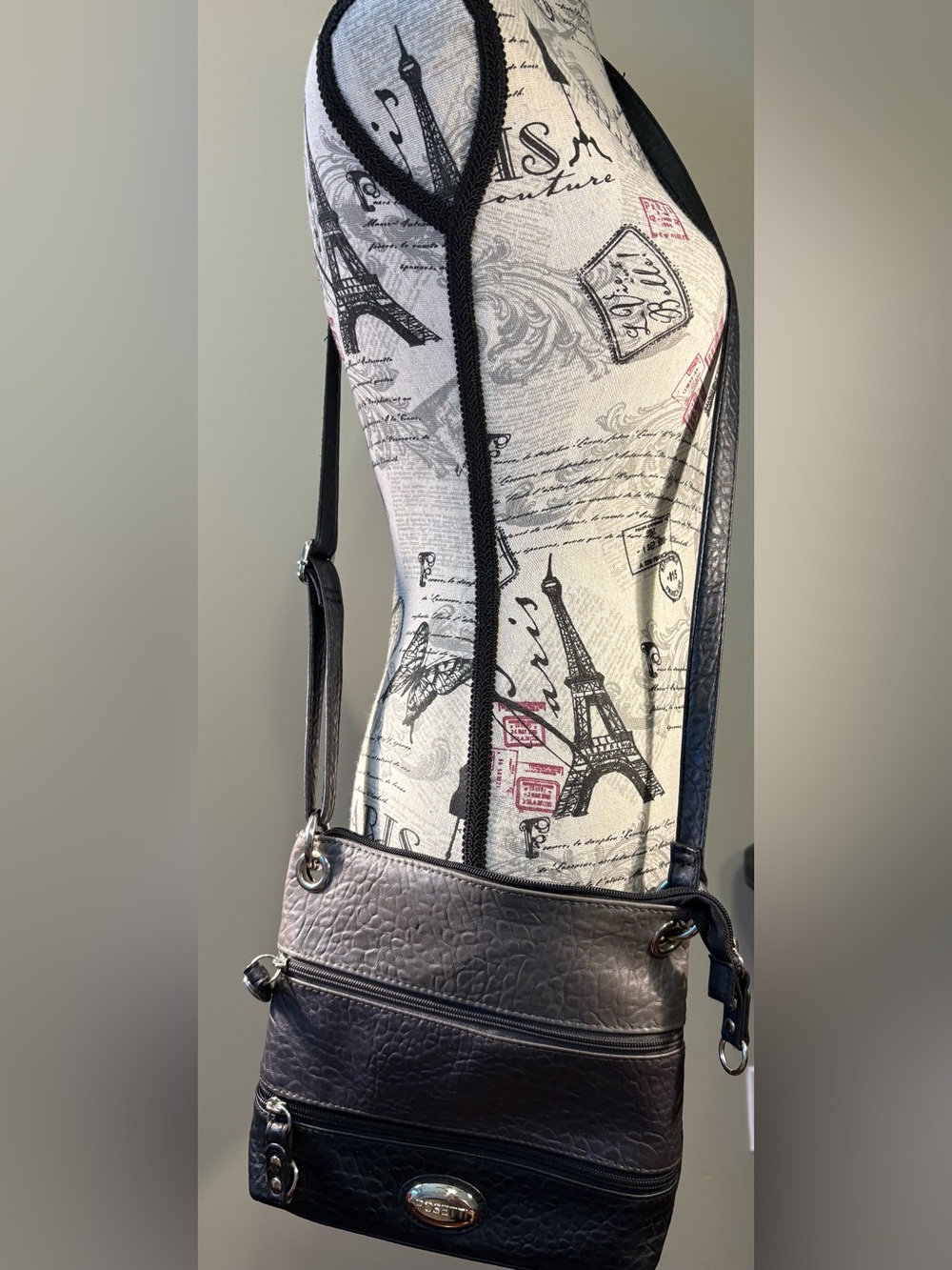 Rosetti Black & Gray Faux Leather Crossbody Purse – Multi-Pocket
